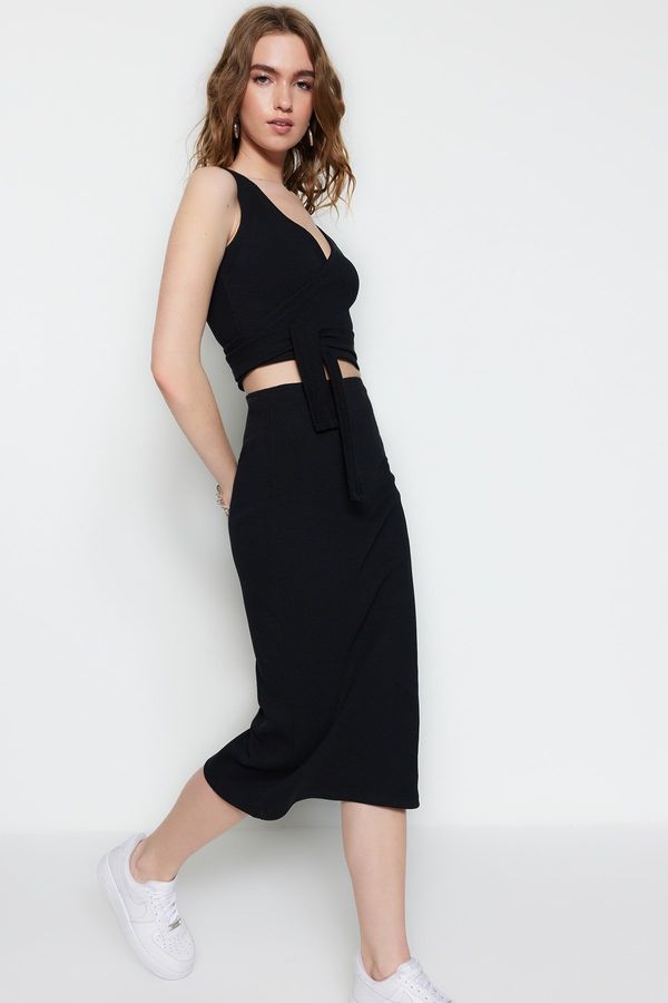 Trendyol Trendyol Black Tie Detail, Crop Corduroy, Flexible Knit Top-Upper Set