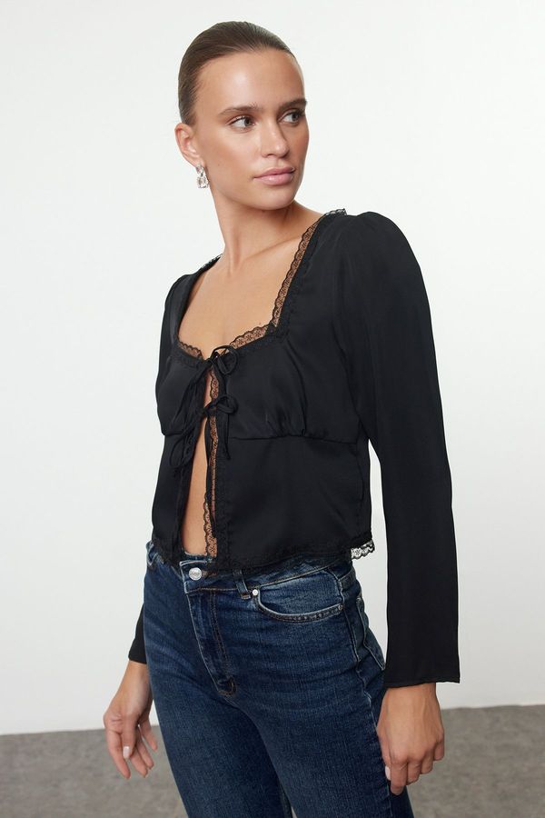 Trendyol Trendyol Black Tie Detail Crop Woven Blouse