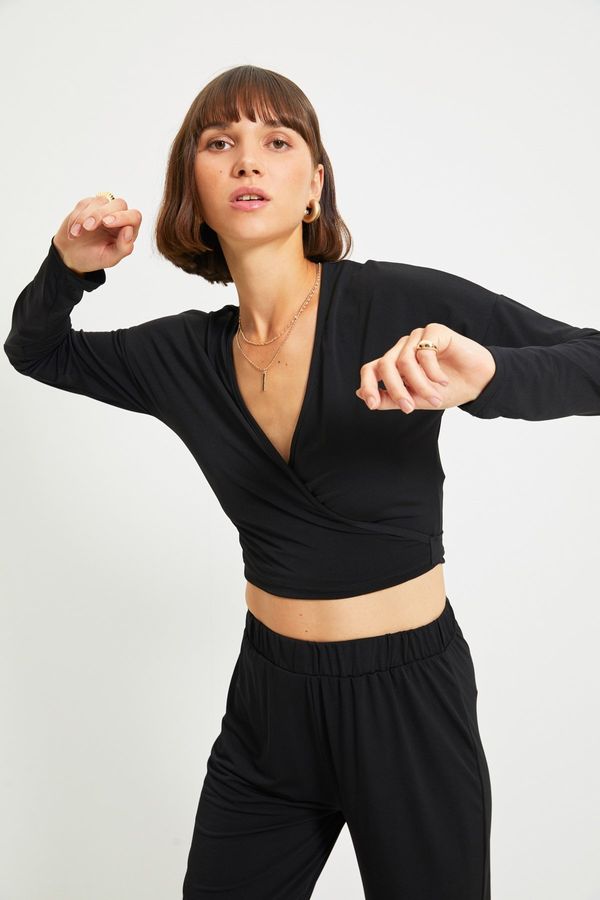 Trendyol Trendyol Black Tie Detail Fitted Crop Double Breasted Viscose Stretch Knit Blouse