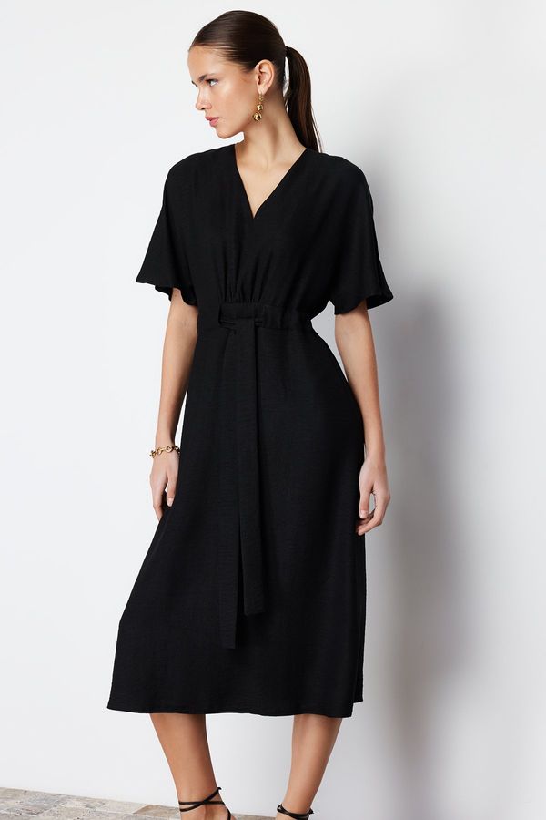 Trendyol Trendyol Black Tie Detailed A-line V-neck Midi Woven Dress