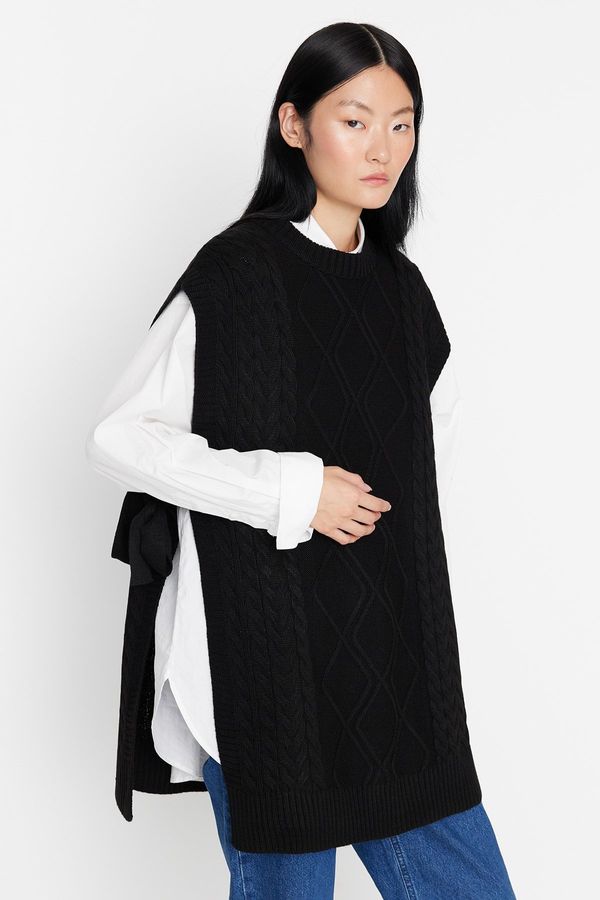 Trendyol Trendyol Black Tie Waist Braided Knitwear Sweater