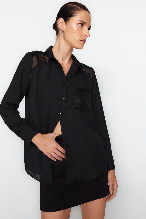 Trendyol Trendyol Black Transparent Shoulders Oversize/Wide Fit Woven Shirt
