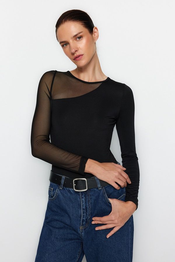 Trendyol Trendyol Black Tulle Detailed Knitted Body with Snap fastener