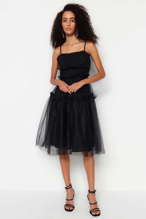 Trendyol Trendyol Black Tulle Evening Dress that Opens at the Waist/Skater Lined Evening Dress