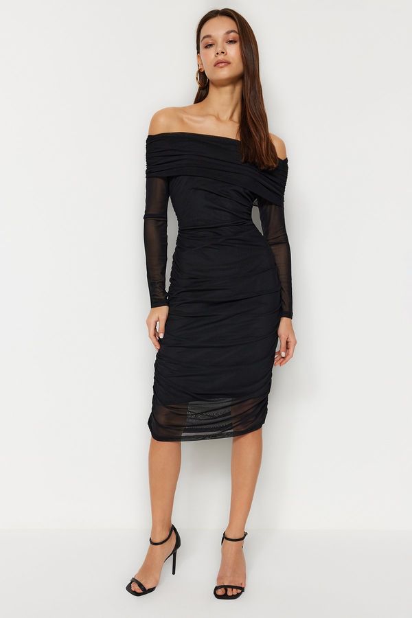 Trendyol Trendyol Black Tulle Ruffle/Drape Detailed Fitted Carmen Neck Midi Knitted Pencil Stretchy Dress