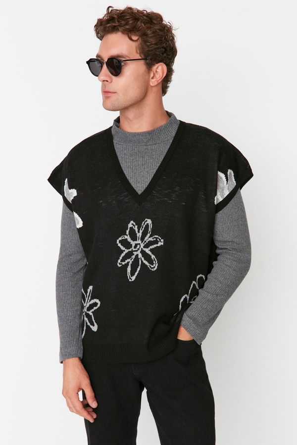 Trendyol Trendyol Black Unisex Oversize Fit Wide Fit Floral Patterned Knitwear Sweater