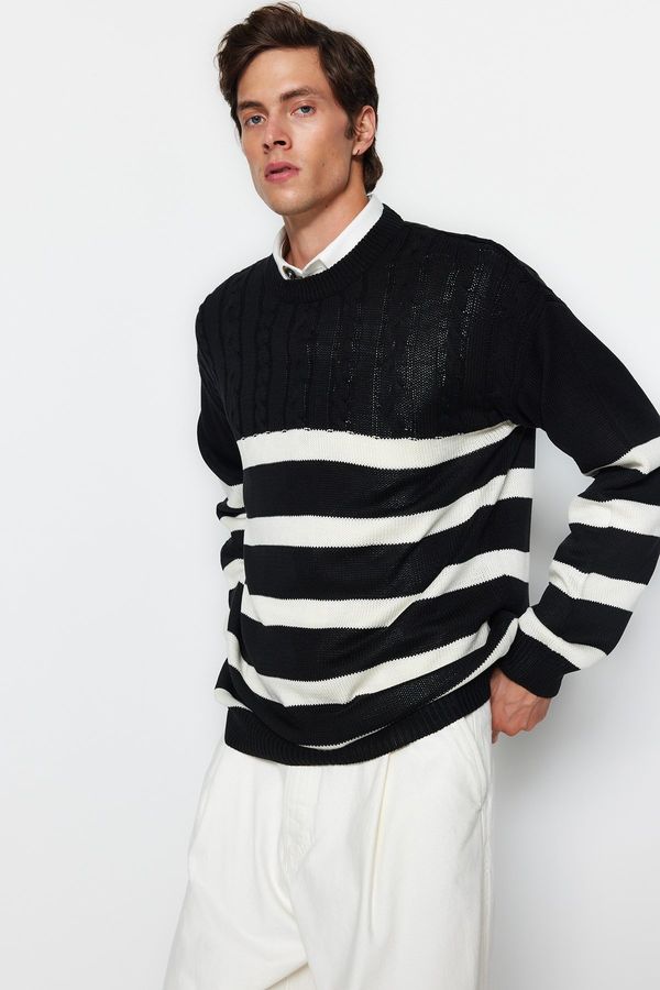 Trendyol Trendyol Black Unisex Oversize Fit Wide Fit Hair Knit Striped Anti-pilling Knitwear Sweater