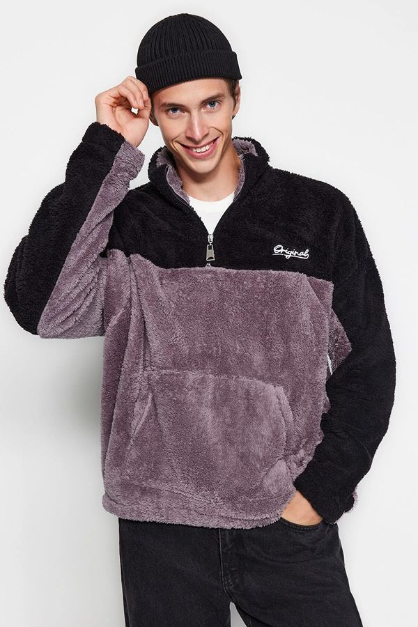 Trendyol Trendyol Black Unisex Plus Size Oversize/Wide Cut Color Block Embroidered Plush Sweatshirt
