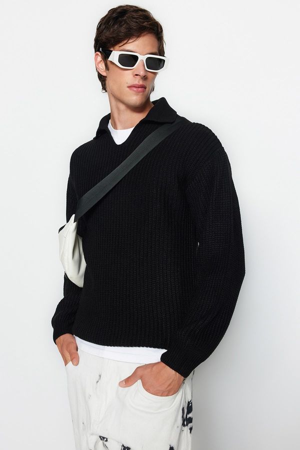 Trendyol Trendyol Black Unisex Regular Fit Polo Collar Non-Pilling Sweater