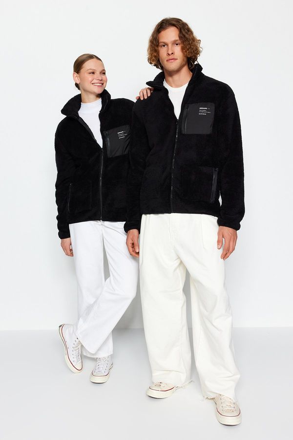 Trendyol Trendyol Black Unisex Regular/Normal Cut Stand Collar Zipper Pocket Detailed Plush Cardigan-Sweatshirt