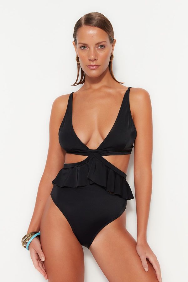 Trendyol Trendyol Black V-Neck Alternative Wear Regular Leg Swimsuit