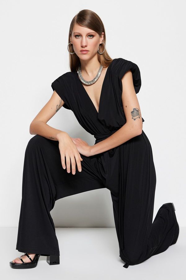 Trendyol Trendyol Black V Neck Belted Knitted Jumpsuit