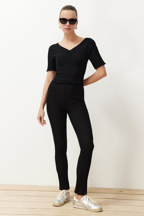 Trendyol Trendyol Black V-Neck Gather Detailed Ribbed Stretchy Knitted Blouse and Trousers Bottom-Top Set