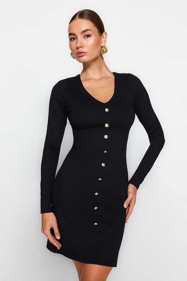 Trendyol Trendyol Black V-Neck Knitted Mini Dress with Interlock Button Detail