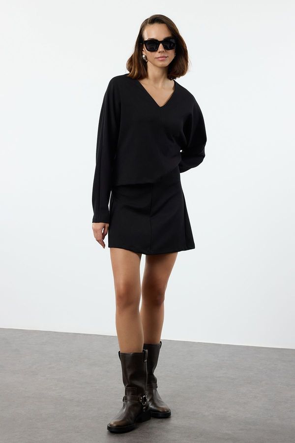 Trendyol Trendyol Black V-Neck Long Sleeve Blouse and Skirt Knitted Bottom-Top Set