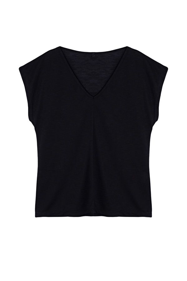 Trendyol Trendyol Black V-Neck Relaxed/Comfortable Cut Knitted T-Shirt