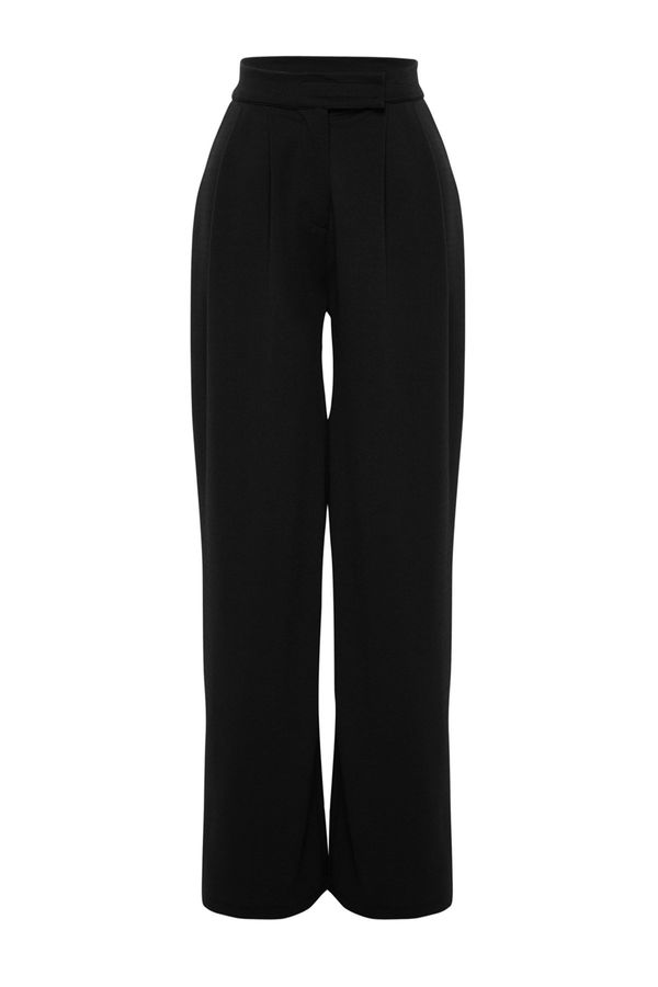 Trendyol Trendyol Black Velcro Belt High Waist Pleated Wide Leg Knitted Trousers