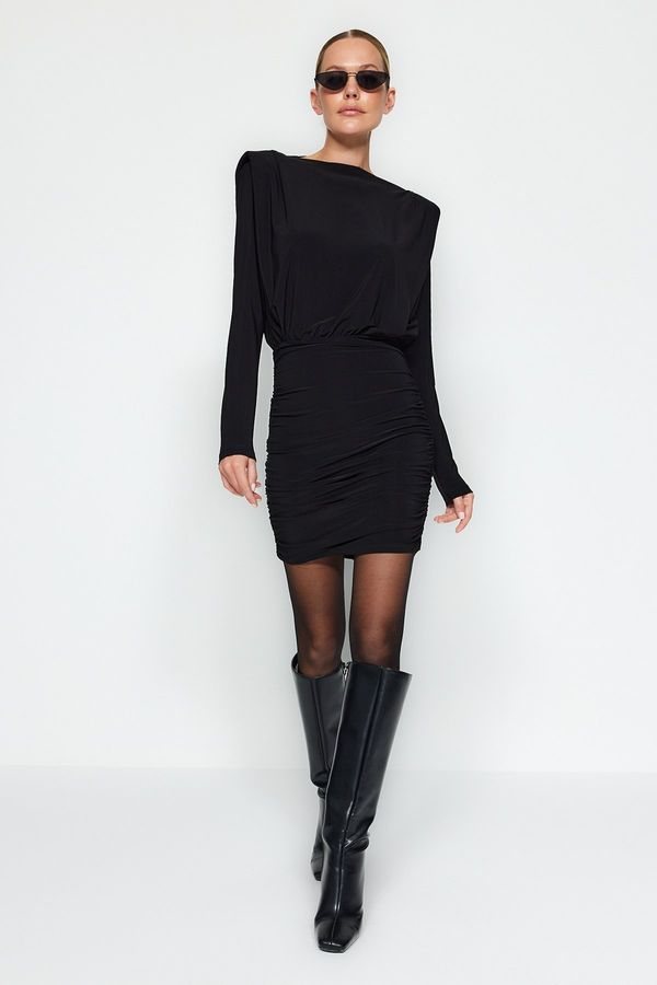 Trendyol Trendyol Black Wadding Draped Fitted Mini Stretch Knit Dress