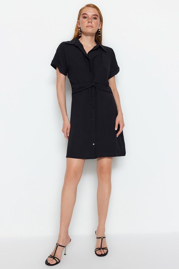 Trendyol Trendyol Black Waist Detailed Shirt Collar Mini Woven Dress