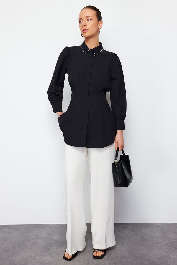 Trendyol Trendyol Black Waist Fitted Pearl Detail Woven Shirt