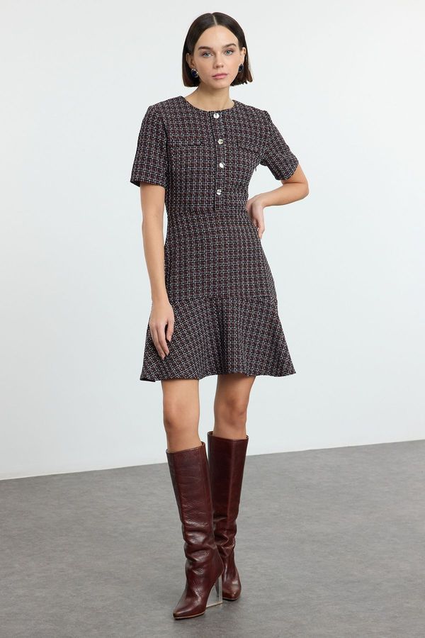 Trendyol Trendyol Black Waist-Opening Crew Neck Mini Tweed Woven Dress