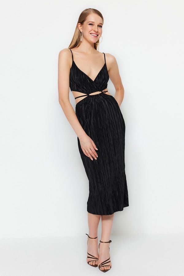Trendyol Trendyol Black Waist Opening/Skater Knitted Window/Cut Out Detailed Piping Evening Dress