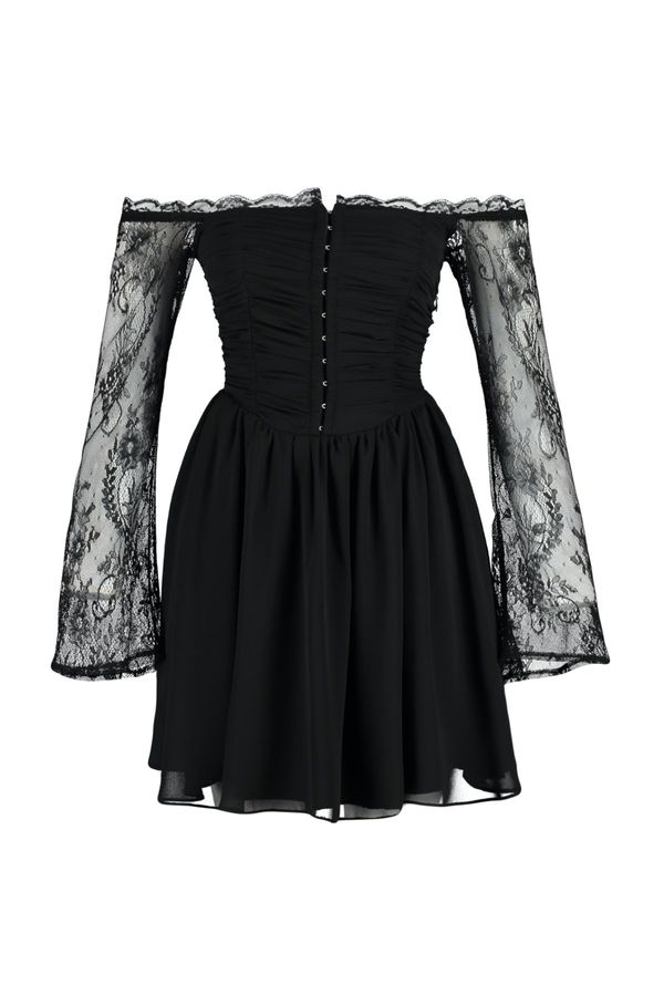 Trendyol Trendyol Black Waist Opening/Skater Woven Lined Graffed Chiffon Stylish Evening Dress