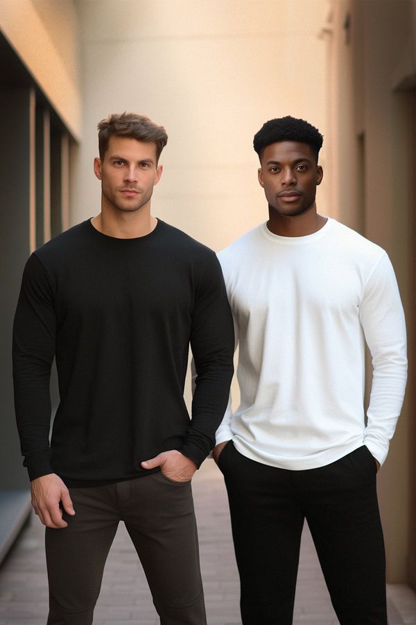 Trendyol Trendyol Black-White 2-Pack 100% Cotton Long Sleeve Regular Cut Basic T-Shirt