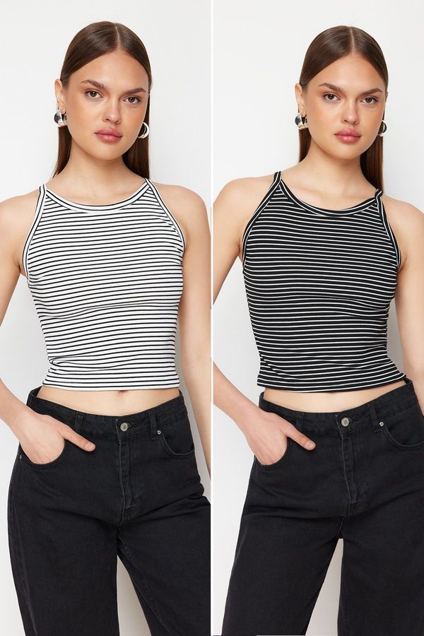 Trendyol Trendyol Black-White 2-Pack Striped Strap Corded Knitted Undershirt
