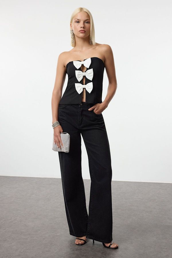 Trendyol Trendyol Black-White Bow Detailed Strapless Woven Blouse