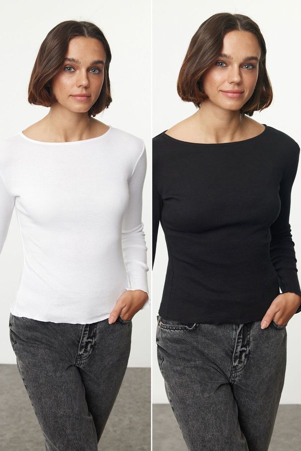 Trendyol Trendyol Black-White Double Pack Slim/Fitting Regular Baby Overlock Detailed Knitted Blouse