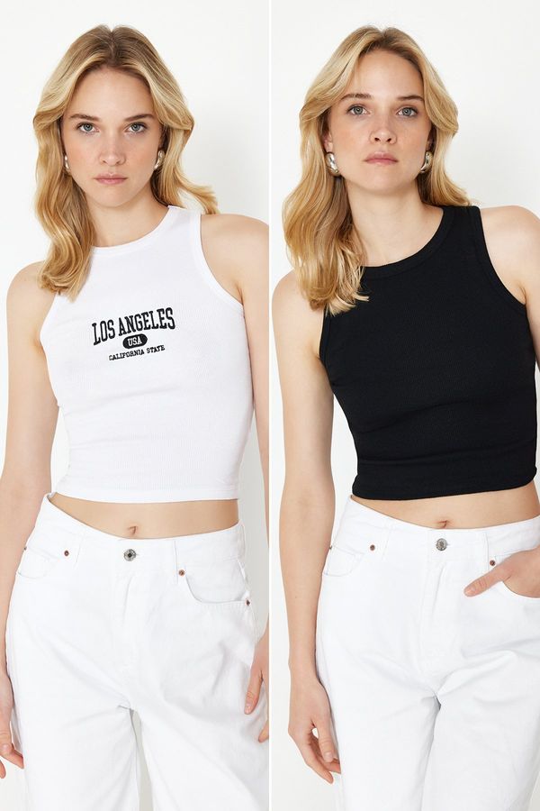 Trendyol Trendyol Black-White Embroidered 2-Pack Fitted Crop Halter Neck Ribbed Flexible Knitted Undershirt