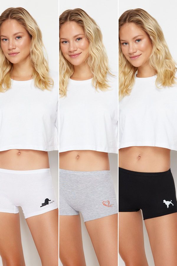 Trendyol Trendyol Black-White-Grey 3 Pack Cotton Printed Boyshort Knitted Panties