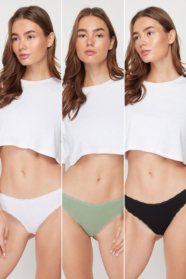 Trendyol Trendyol Black-White-Mint 3-Pack Cotton Lace Detail Classic Knitted Briefs