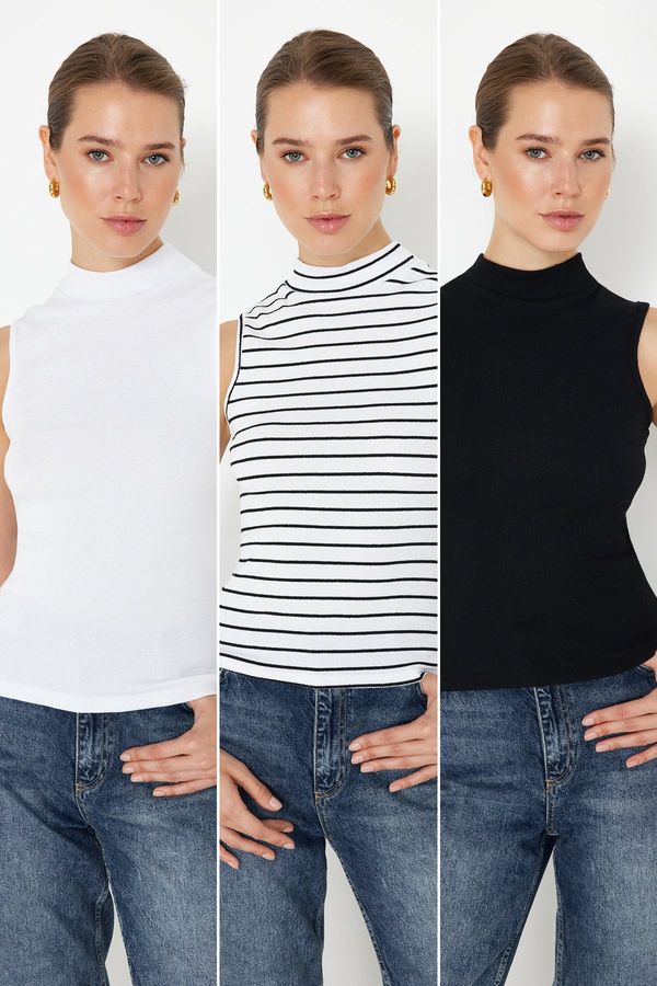 Trendyol Trendyol Black-White-Multicolor 3-Pack Fitted/Fitted Stretch Knitted Blouse