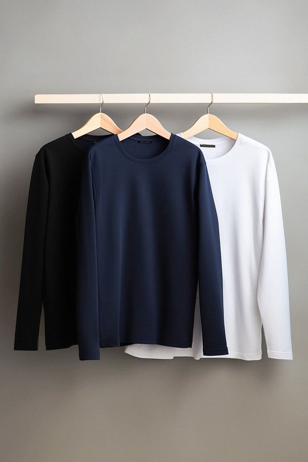 Trendyol Trendyol Black-White-Navy Blue Regular/Normal Cut Long Sleeve 3-Piece Basic Package T-Shirt