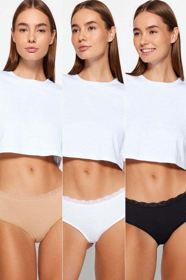 Trendyol Trendyol Black-White-Nude Black 3-Pack Cotton Lace Detail Hipster Knitted Briefs