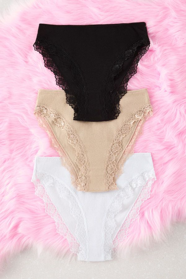 Trendyol Trendyol Black-White-Skin 3-Pack 100% Cotton Ribbed Lace Classic Knitted Panties