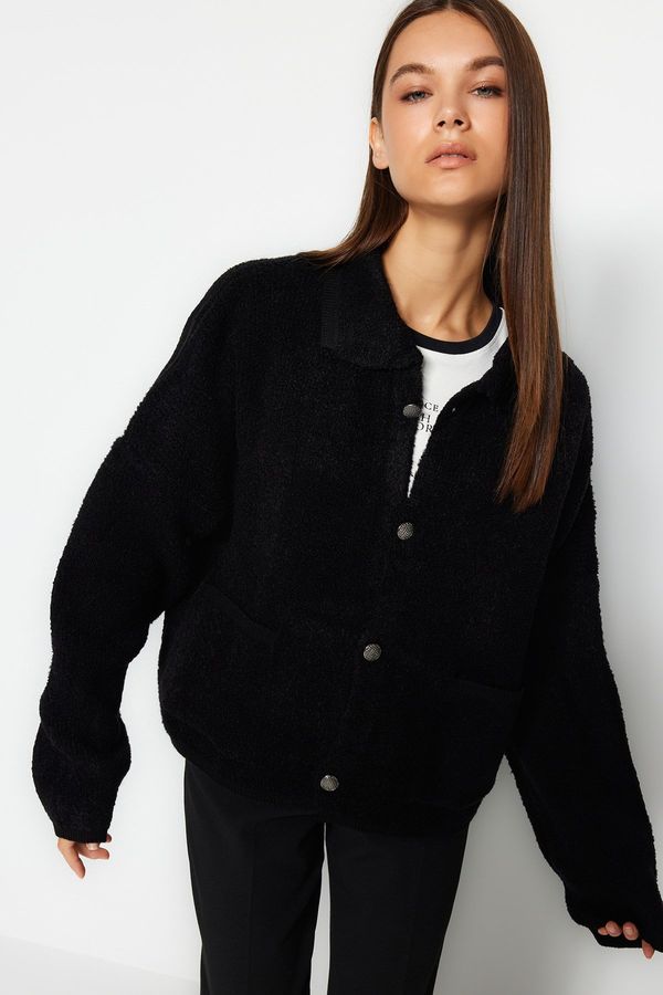 Trendyol Trendyol Black Wide Fit Boucle Knitwear Cardigan