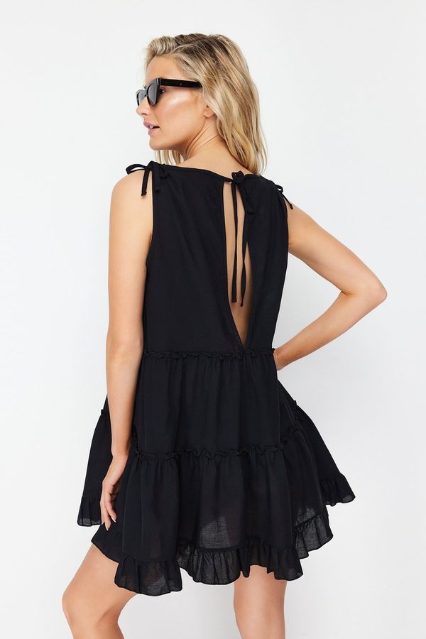 Trendyol Trendyol Black Wide Fit Mini Woven Ruffled 100% Cotton Beach Dress