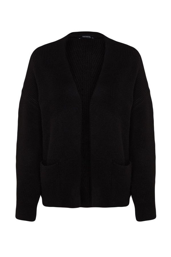 Trendyol Trendyol Black Wide Fit Soft Textured Knitwear Cardigan with Pocket Detail