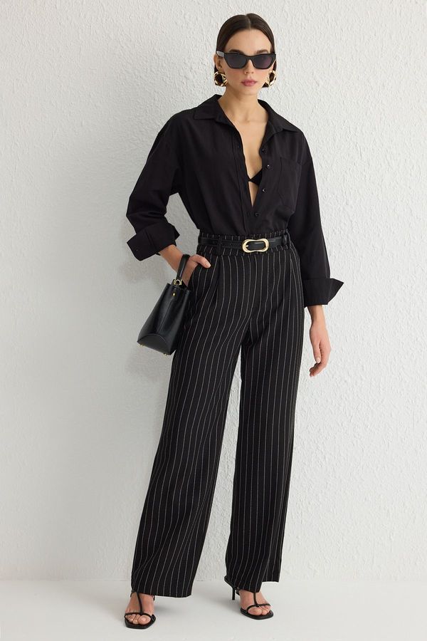 Trendyol Trendyol Black Wide Leg Striped Woven Trousers