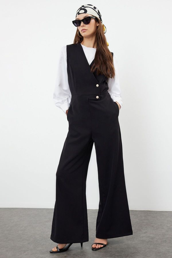 Trendyol Trendyol Black Wide Leg Woven Jumpsuit with Pearl Detail at Waist