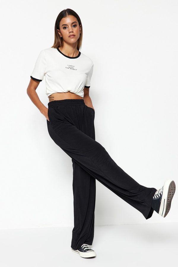 Trendyol Trendyol Black Wide Leg/Relaxed Cut High Waist Stretchy Knitted Trousers