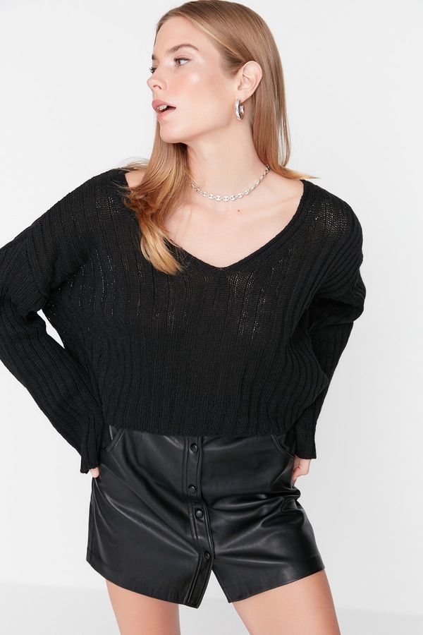 Trendyol Trendyol Black Wool Wide Fit Crop Basic Knitwear Sweater