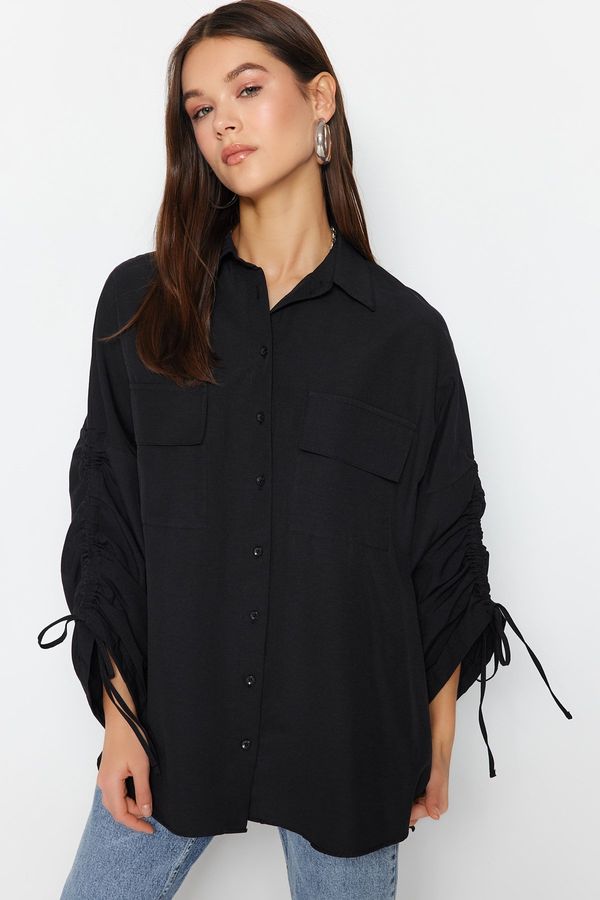 Trendyol Trendyol Black Woven Cotton Shirt with Adjustable Gathering Detail on Sleeves