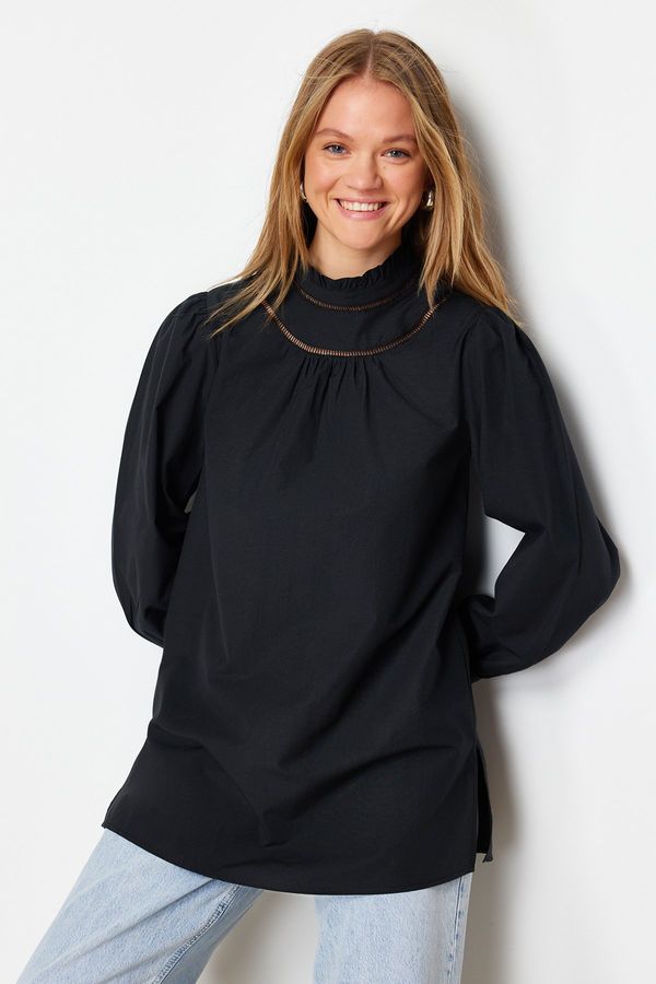 Trendyol Trendyol Black Woven Cotton Tunic with Embroidery Detail on Collar