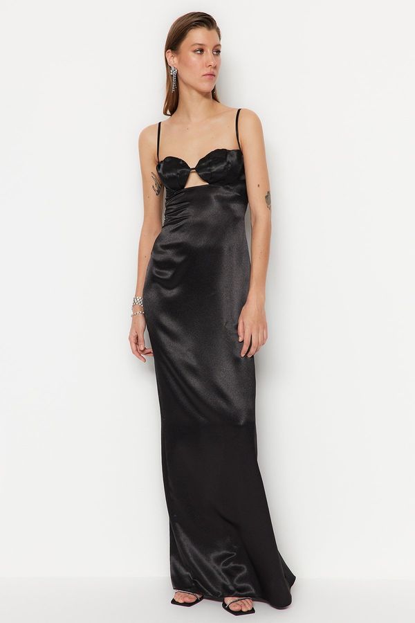 Trendyol Trendyol Black Woven Window/Cut Out Detailed Satin Long Evening Evening Dress