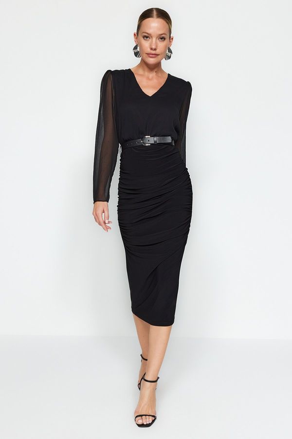 Trendyol Trendyol Black Wrap-around Woven Dress with Belt