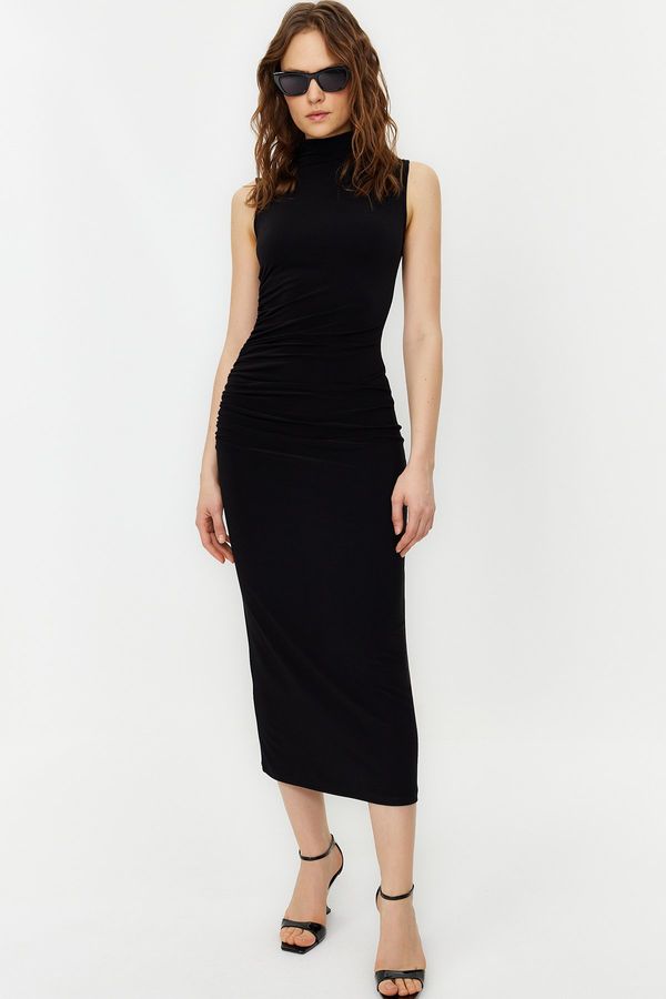 Trendyol Trendyol Black Zero Sleeve Draped Bodycone/Fitted Maxi Stretchy Knitted Maxi Dress